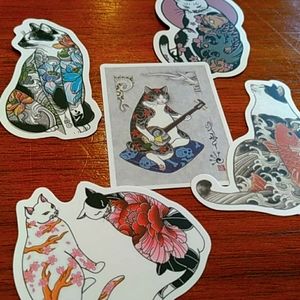 Set of Japanese tattoo cat stickers